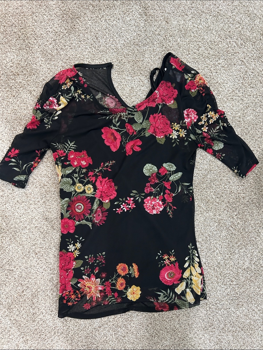 NOBO Black Floral Cold-Shoulder V-Neck Top with Red & Yellow Blooms